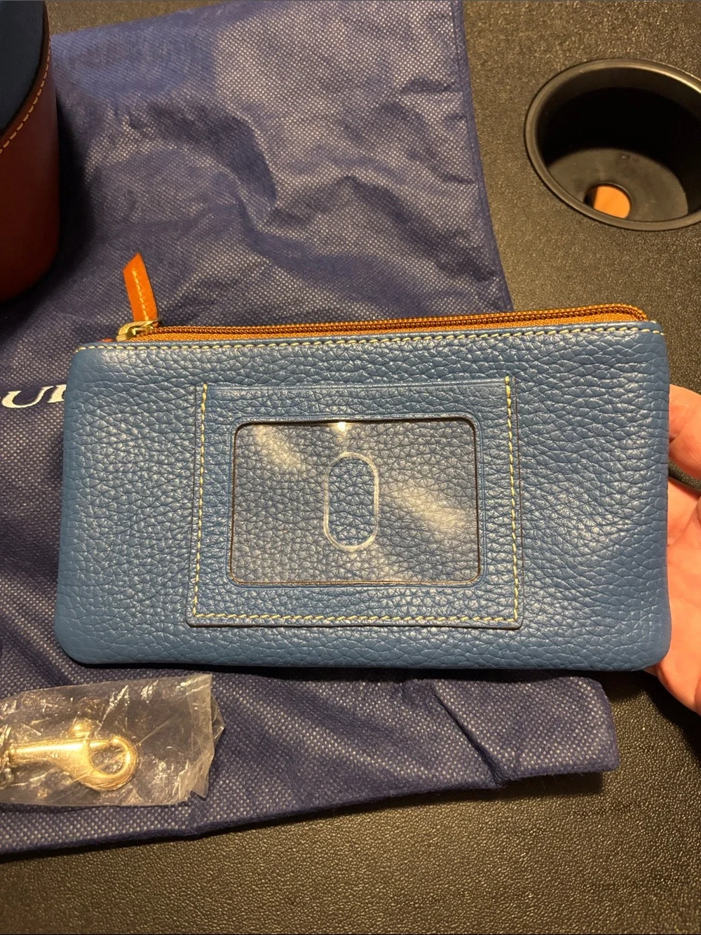 Dooney & Bourke Blue Pebbled Leather Satchel with Brown Trim and Wristlet